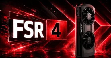 Radeon RX 7000 con tecnología FSR 4, destacando el rendimiento gráfico en un fondo rojo y negro.