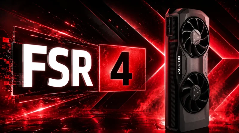 Radeon RX 7000 con tecnología FSR 4, destacando el rendimiento gráfico en un fondo rojo y negro.