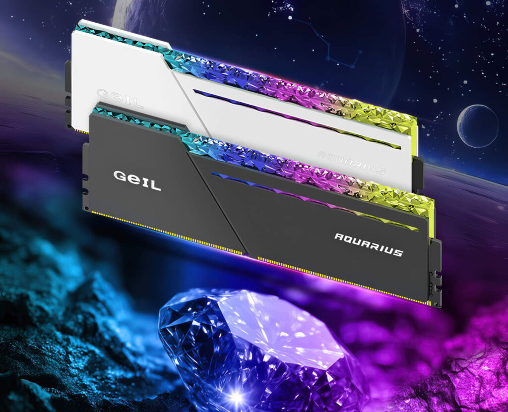 Memoria RAM GeIL Aquarius en colores blanco y negro, con diseño llamativo y fondo espacial lleno de estrellas.