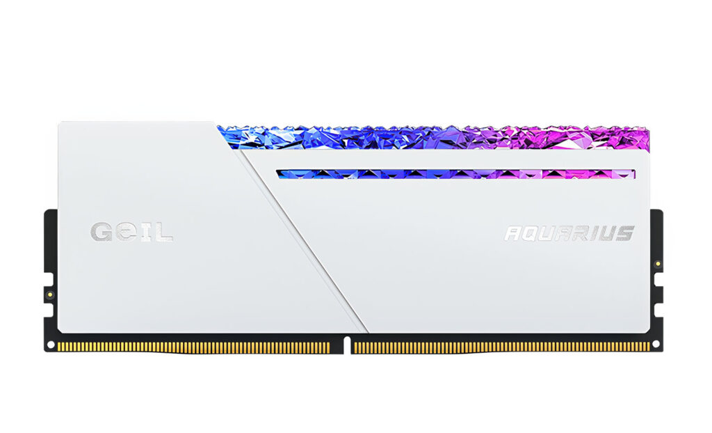 Memoria RAM GeIL AQUARIUS con un diseño en blanco y retroiluminación RGB azul y rosa. Ideal para gaming y rendimiento.
