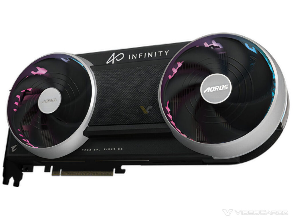 Tarjeta gráfica Aorus con diseño elegante y dos ventiladores grandes en colores negro y plateado, destacando el logo "Infinity".