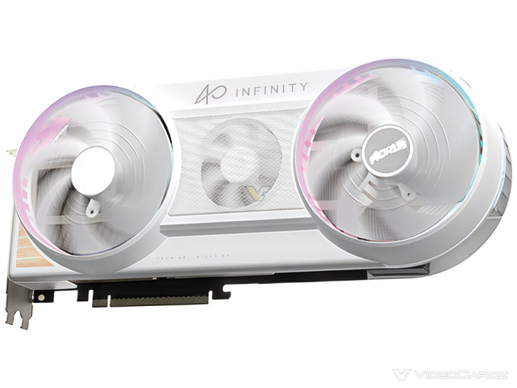 Tarjeta gráfica de color blanco con dos ventiladores iluminados, diseño elegante y detalles metálicos, mostrando el logo "INFINITY".