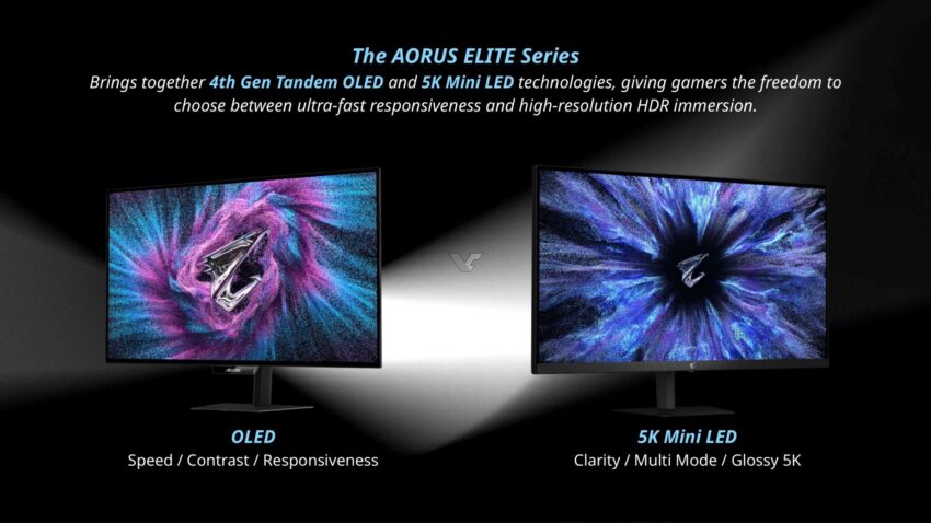 Monitores con tecnología OLED y Mini LED 5K, destacando colores vibrantes y un diseño moderno, ideales para gamers.