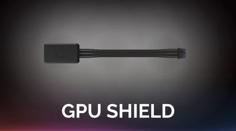 Escudo de GPU en color negro con cables delgados extendiéndose hacia abajo, sobre un fondo gradiente oscuro. Texto "GPU SHIELD" en la parte inferior.