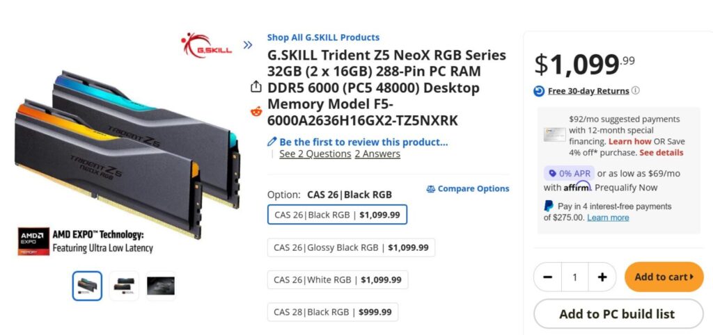 G.SKILL Trident Z5 NeoX RGB de 32GB (2 x 16GB) DDR5 6000MHz, memoria RAM para escritorio, precio $1,099.99.