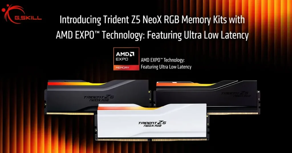 Trident Z5 NeoX RGB de G.Skill con tecnología AMD EXPO, destacando baja latencia en módulos de memoria.