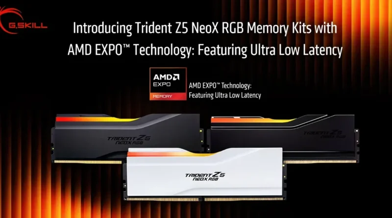 Trident Z5 NeoX RGB de G.Skill con tecnología AMD EXPO, destacando baja latencia en módulos de memoria.