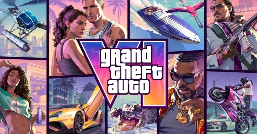 Arte oficial de Grand Theft Auto VI, mostrando personajes y vehículos icónicos del juego.