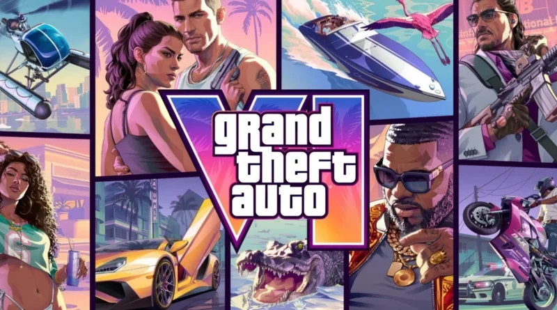 Arte oficial de Grand Theft Auto VI, mostrando personajes y vehículos icónicos del juego.