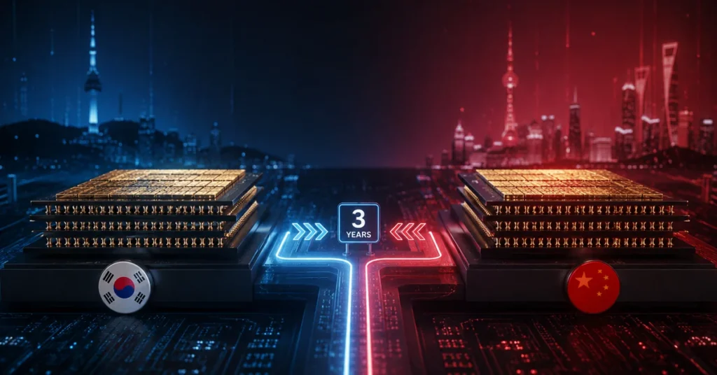 Dos pilas de chips de memoria, una iluminada en azul representando Corea del Sur y otra en rojo simbolizando China, conectadas por un circuito.