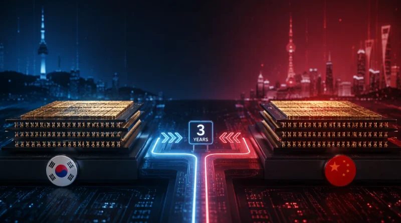 Dos pilas de chips de memoria, una iluminada en azul representando Corea del Sur y otra en rojo simbolizando China, conectadas por un circuito.