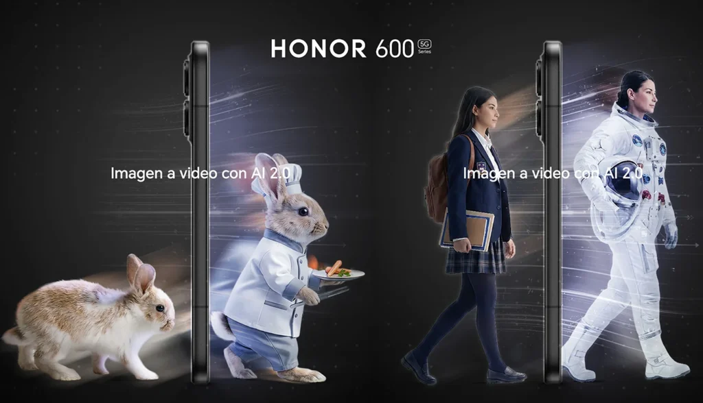 HONOR 600 con AI y cámara de 200MP, representando un conejo y una astronauta en ilustraciones creativas.