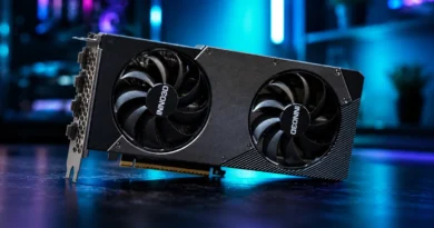 Tarjeta gráfica Inno3D GeForce RTX 5060 Ti con dos ventiladores, acabados en negro y gris, resaltada sobre una superficie oscura.