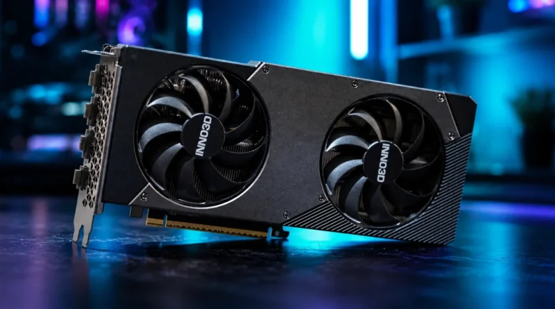 Tarjeta gráfica Inno3D GeForce RTX 5060 Ti con dos ventiladores, acabados en negro y gris, resaltada sobre una superficie oscura.