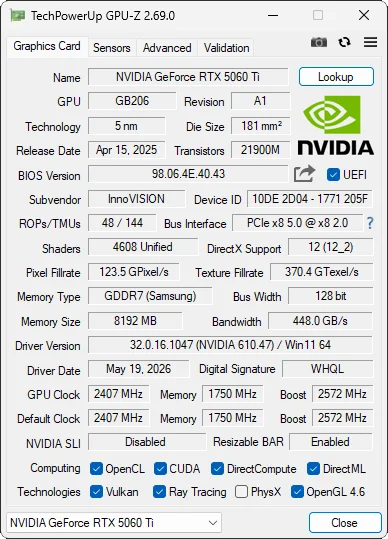 Captura de pantalla de la herramienta GPU-Z mostrando especificaciones de la NVIDIA GeForce RTX 5060 Ti, incluyendo datos técnicos y versión.