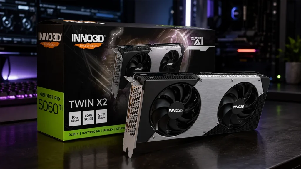Tarjeta gráfica Inno3D GeForce RTX 5060 Ti Twin X2, con diseño negro y plateado, presentada junto a su caja en un fondo de escritorio gaming.