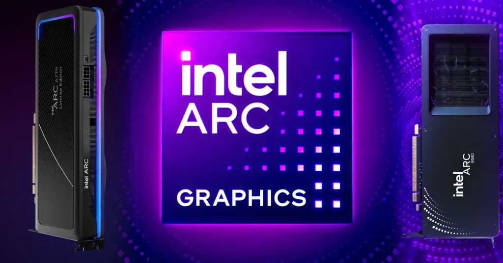 Dos tarjetas gráficas Intel Arc en un fondo oscuro con un logo brillante de Intel Arc Graphics en el centro, iluminado en tonos morados.