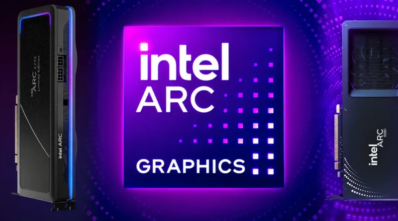 Dos tarjetas gráficas Intel Arc en un fondo oscuro con un logo brillante de Intel Arc Graphics en el centro, iluminado en tonos morados.