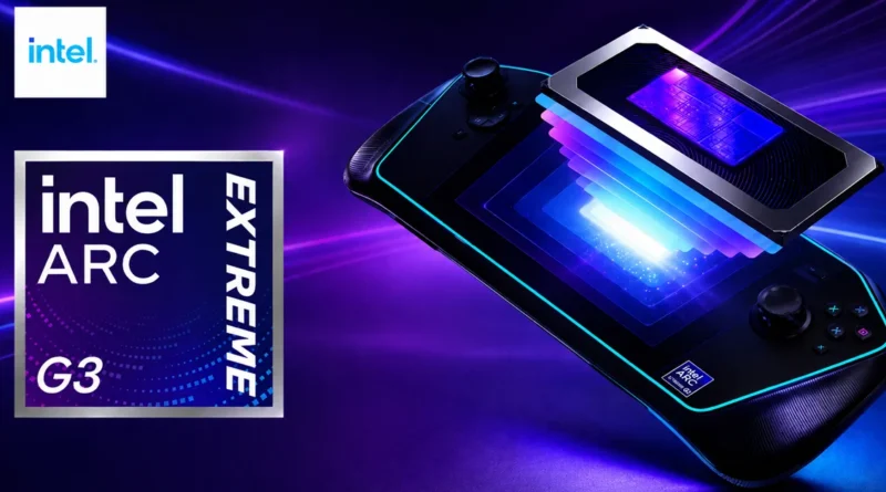 Dispositivo portátil de juego con un diseño futurista, mostrando un chip iluminado, en un fondo morado y azul con efectos de luz.