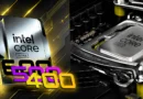 Lámina que muestra un procesador Intel Core Ultra con soporte para LGA-1954, resaltado por colores amarillo y negro en un fondo tecnológico.