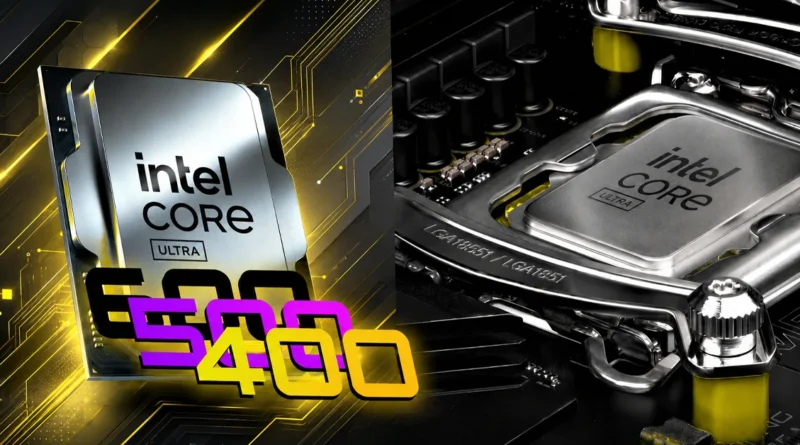 Lámina que muestra un procesador Intel Core Ultra con soporte para LGA-1954, resaltado por colores amarillo y negro en un fondo tecnológico.