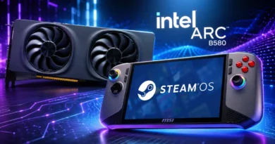 Tarjeta gráfica Intel ARC B580 junto a una consola portátil MSI que muestra el logo de SteamOS en un entorno tecnológico.