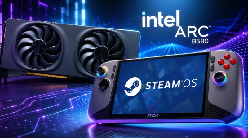 Tarjeta gráfica Intel ARC B580 junto a una consola portátil MSI que muestra el logo de SteamOS en un entorno tecnológico.