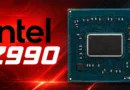 Chipset Z990 de Intel sobre fondo rojo, con detalles en azul y negro, resaltando su diseño y componentes electrónicos.