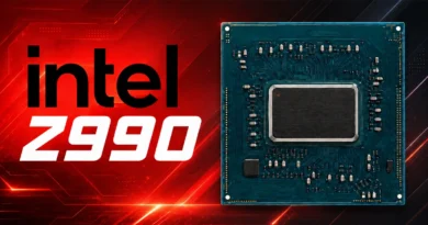 Chipset Z990 de Intel sobre fondo rojo, con detalles en azul y negro, resaltando su diseño y componentes electrónicos.