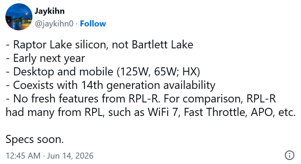 Raptor Lake silicon anunciado por Jaykhi, con detalles sobre su disponibilidad y características comparativas. Especificaciones pronto.