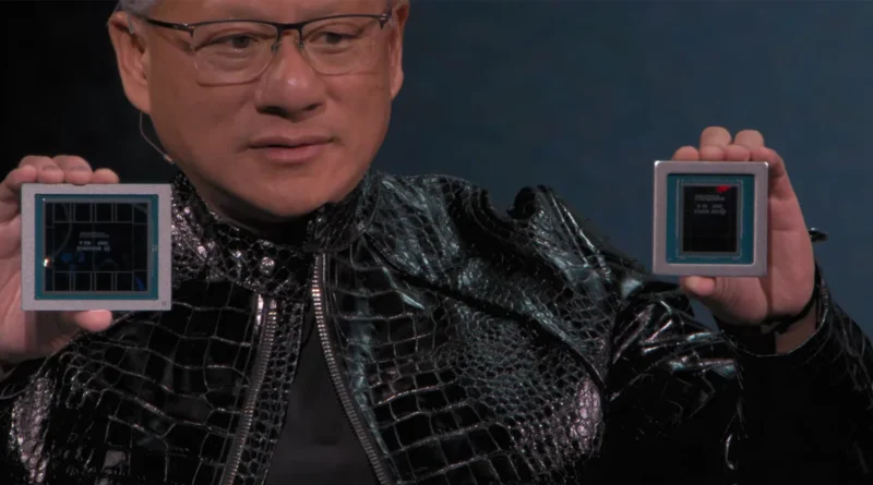 Jensen Huang presenta los nuevos chips de la arquitectura gráfica Blackwell Next de NVIDIA durante un evento tecnológico.