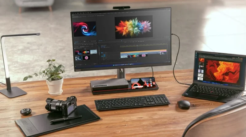 Monitor y portátil en un escritorio, con equipo de edición y cámara; visual de productividad y tecnología.