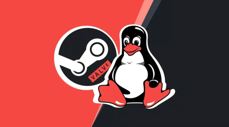 Pengüino de Linux con botas rojas junto al logo de Steam, sobre un fondo dividido en rojo y negro.