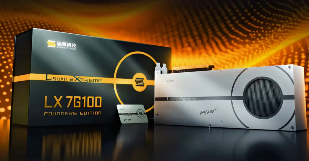 Tarjeta gráfica Lisuan Extreme LX 7G100 Founders Edition, con diseño moderno y caja destacada, ideal para gamers y entusiastas.