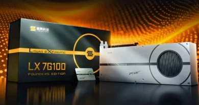 Tarjeta gráfica Lisuan Extreme LX 7G100 Founders Edition, con diseño moderno y caja destacada, ideal para gamers y entusiastas.