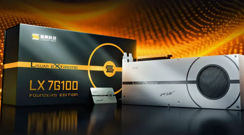 Tarjeta gráfica Lisuan Extreme LX 7G100 Founders Edition, con diseño moderno y caja destacada, ideal para gamers y entusiastas.