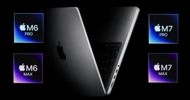 Portátil Apple mostrando los chips M6 Pro y M6 Max, destacando el nuevo enfoque en la generación M7.