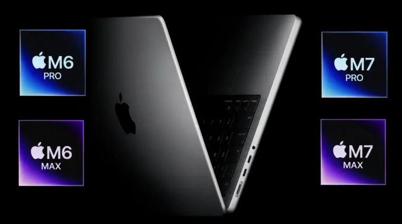Portátil Apple mostrando los chips M6 Pro y M6 Max, destacando el nuevo enfoque en la generación M7.