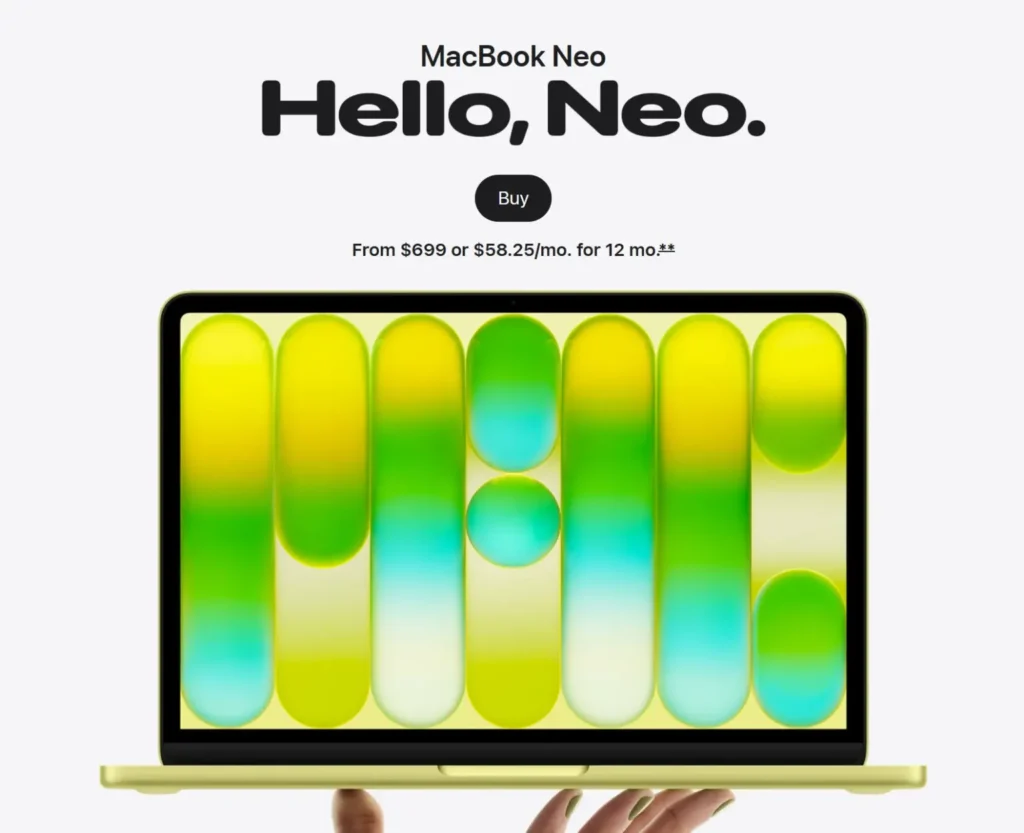 MacBook Neo con colores vibrantes en pantalla y texto "Hello, Neo", precio desde $699.