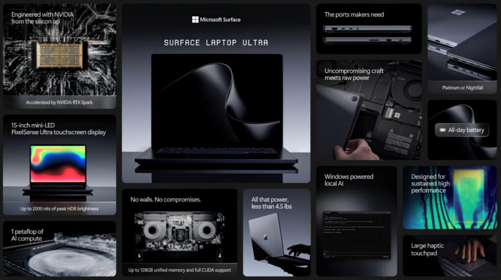 Laptop elegante con pantalla táctil de 15", bordes delgados, fondo oscuro. Información sobre especificaciones y rendimiento rodeando el dispositivo.
