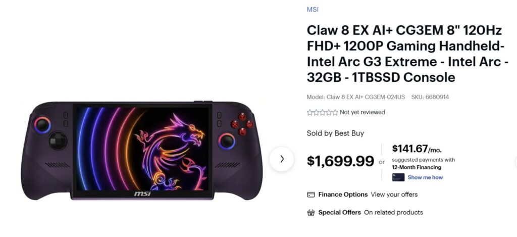 Consola portátil MSI Claw 8 EX con pantalla de 8", colores negro y morado, controles laterales y diseño gamer destacado.