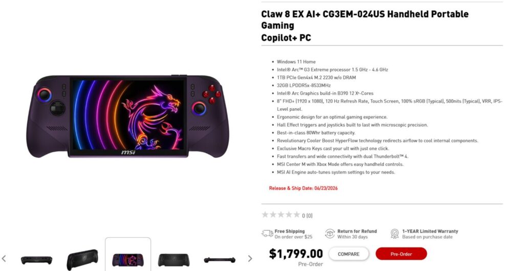 Claw 8 EX A1 CG36M-024US, portátil para juegos con pantalla de 7 pulgadas, procesador Intel i7 y GPU dedicada. Precio: $1,799.00.