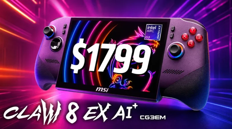 Claw 8 EX AI+ de MSI con precio oficial de $1,799, mostrando un diseño colorido y moderno en un entorno técnico.