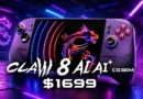 Controlador Claw 8 con diseño en tonos púrpuras y negros, mostrando un gráfico colorido con un dragón y el precio de $1699.