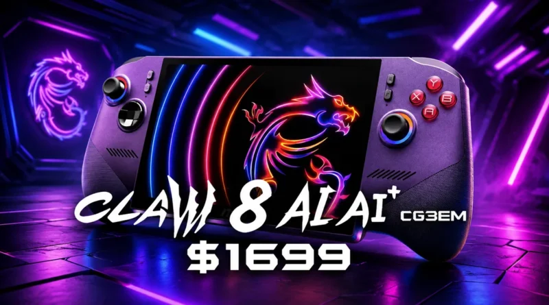 Controlador Claw 8 con diseño en tonos púrpuras y negros, mostrando un gráfico colorido con un dragón y el precio de $1699.