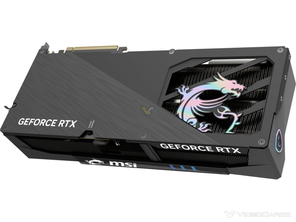 Tarjeta gráfica GeForce RTX de MSI, con diseño negro y detalles en RGB, mostrando ventiladores y logotipo en un ángulo dinámico.