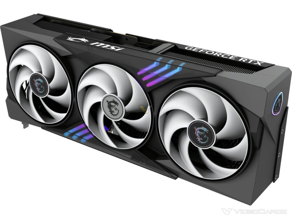 Tarjeta gráfica MSI GeForce RTX con diseño negro, tres ventiladores plateados y detalles en púrpura y azul.