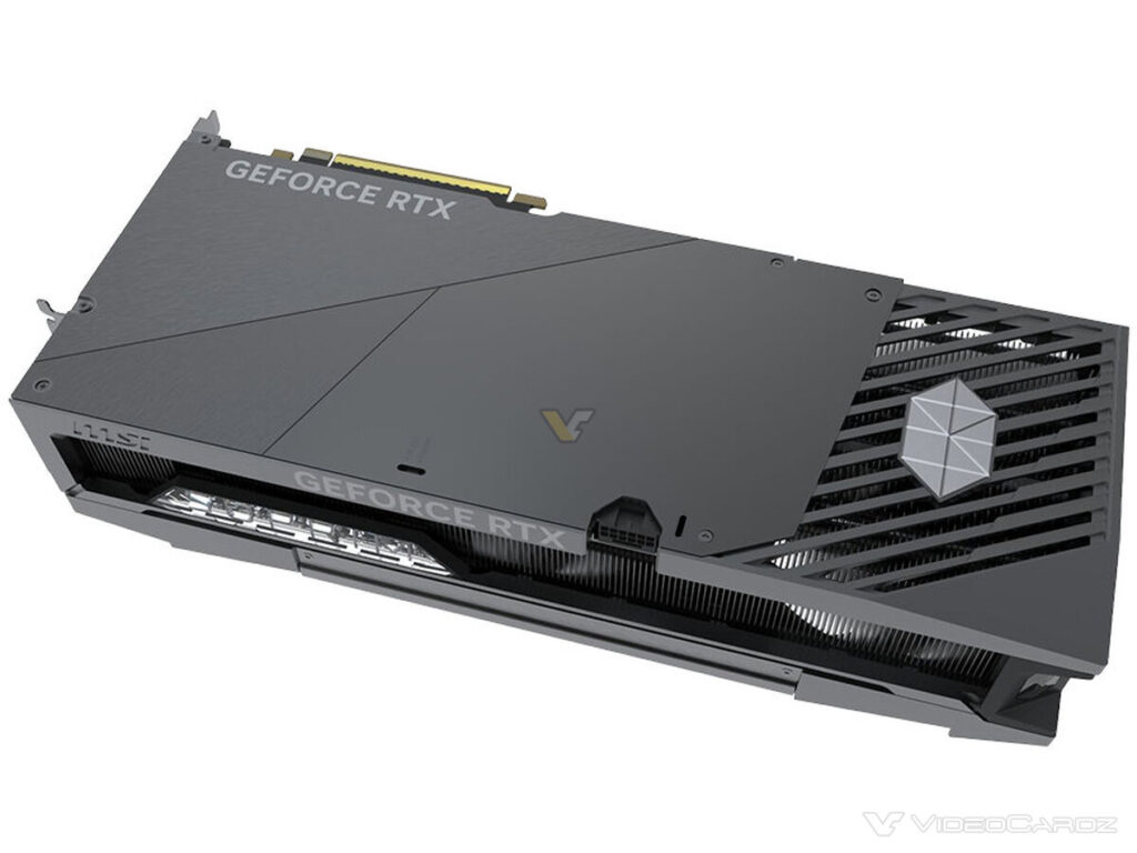Tarjeta gráfica GeForce RTX en colores negro y plateado, con un diseño moderno y rejilla de ventilación visible.