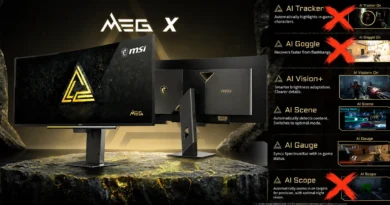 Monitores MSI MEG X en un entorno oscuro, destacando funciones de asistencia automática con iconos de activación y desactivación.