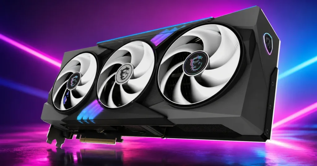 Tarjeta gráfica GeForce RTX 5090 con tres ventiladores, diseño negro y detalles en azul, iluminada por luces de fondo moradas y azules.